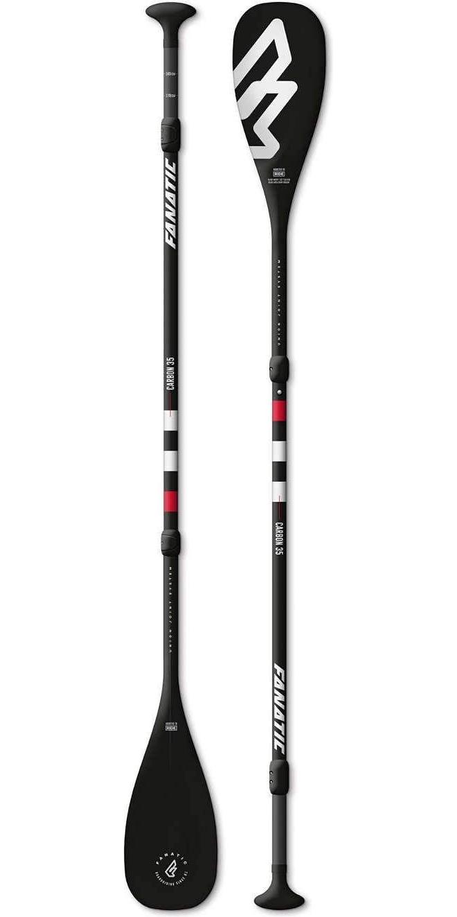 Black carbon Fanatic SUP paddle shown twice, blade close-up alongside the full adjustable shaft