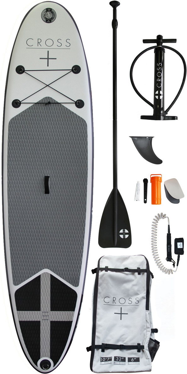 Grey Cross inflatable paddle board package with pump, paddle, fin, leash, repair kit and carry bag