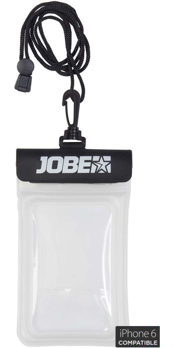 Clear Jobe waterproof phone pouch with a neck lanyard and roll-top clip, on a white background