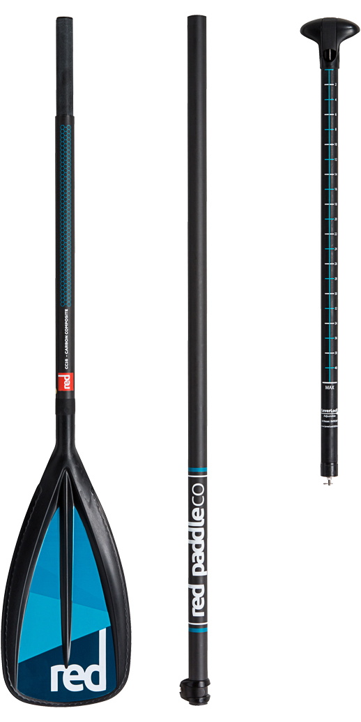 Red Paddle Co three-piece travel SUP paddle split into blade, shaft and handle sections