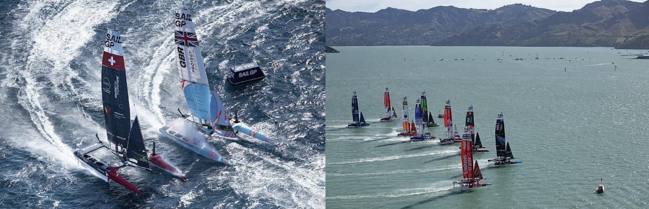 Two shots of foiling racing catamarans, one throwing spray and a fleet lined up under hills