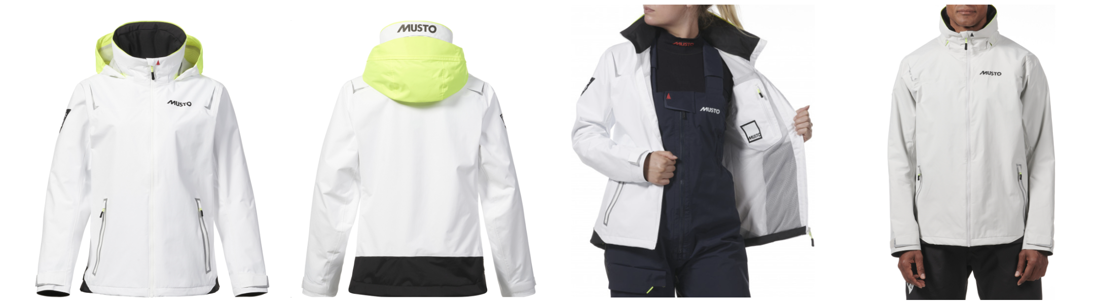 Range of white waterproof sailing jackets, some with yellow hoods, shown front and back