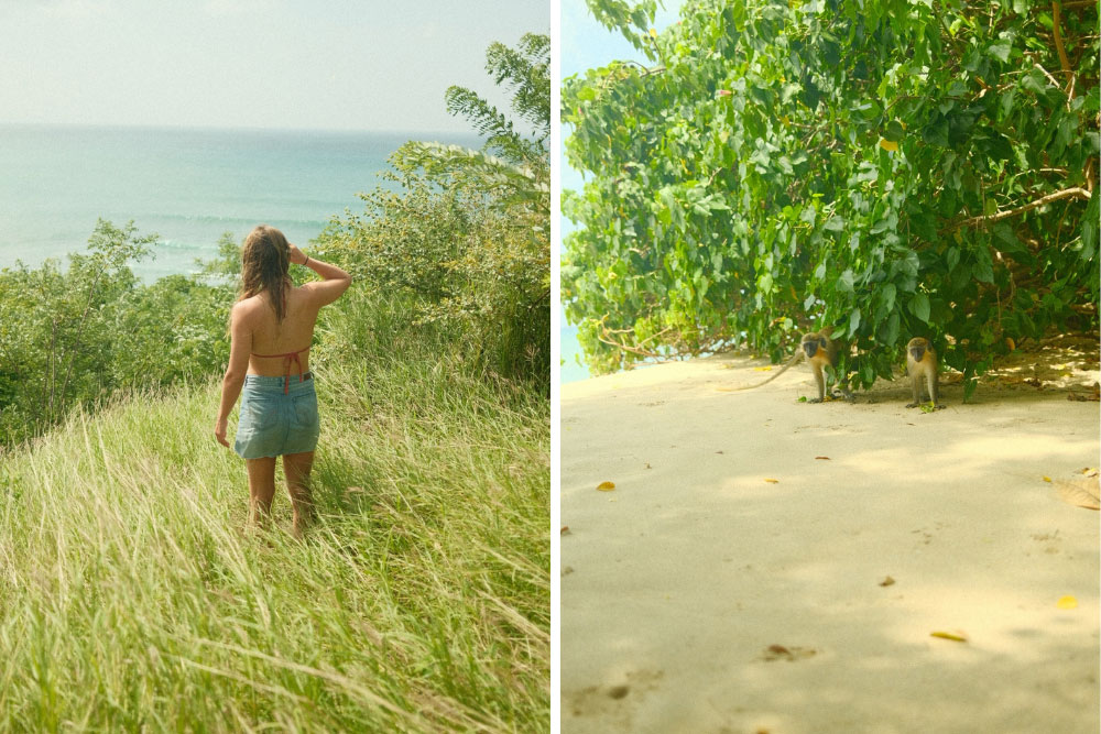 Two travel shots: a woman walking through tall grass to the sea, and a sunlit tropical beach