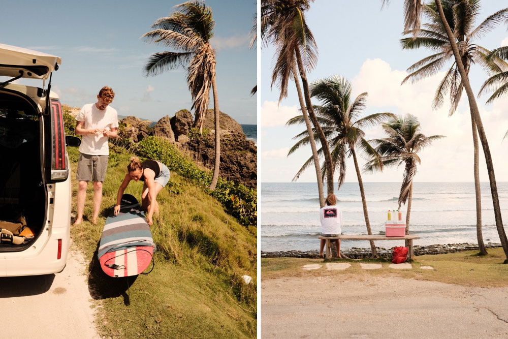 Two shots of a surf trip: unloading boards from a van, and palm trees above a quiet beach