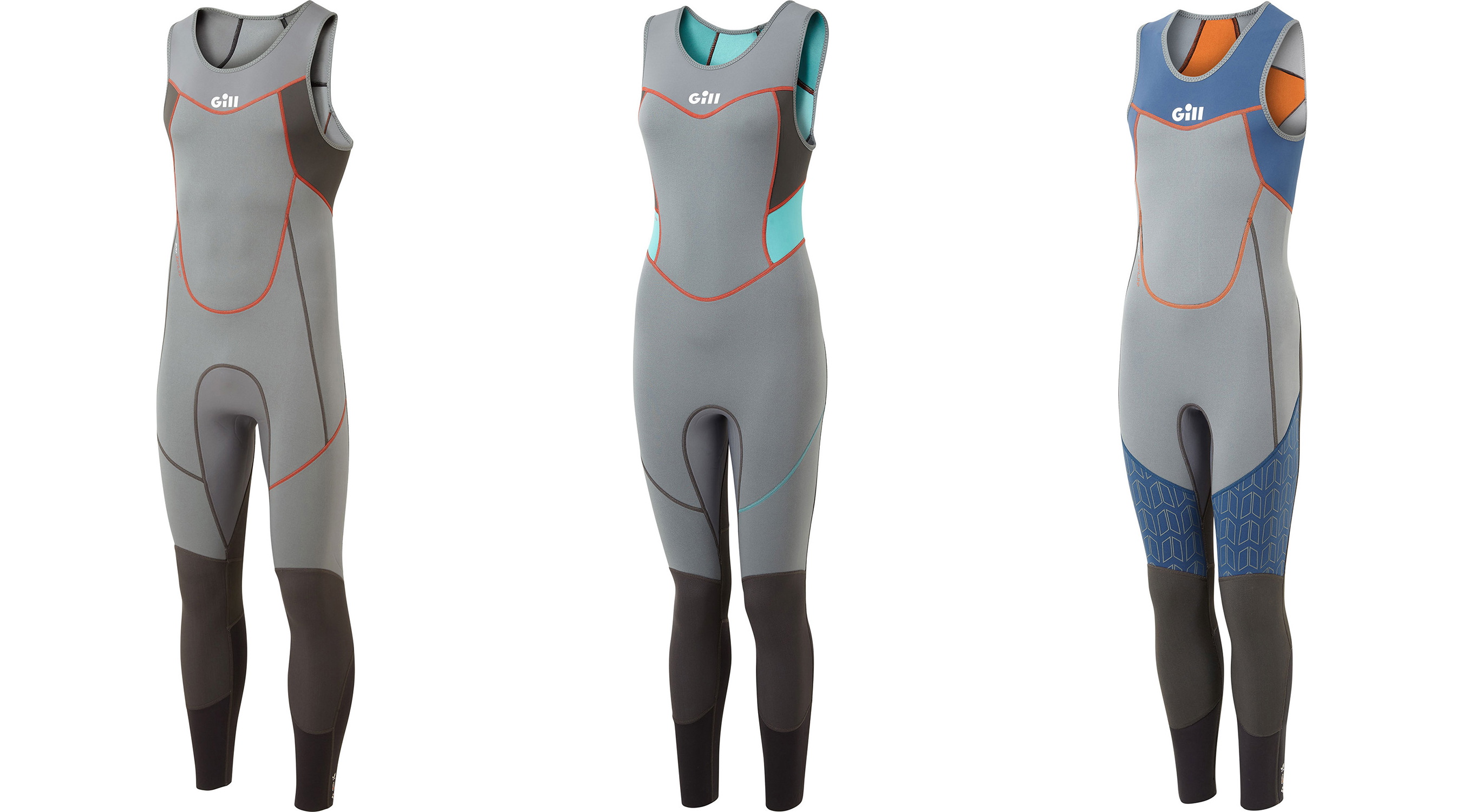 Three grey sleeveless Gill skiff suits with red, teal and blue trim shown side by side