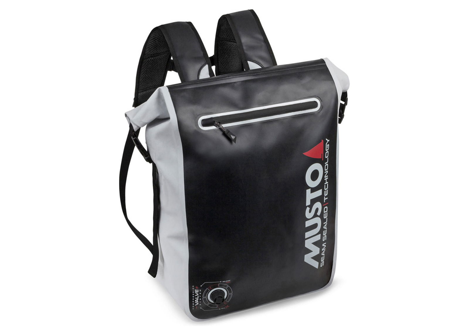 Black and white Musto waterproof backpack with a welded zip pocket and roll-top closure