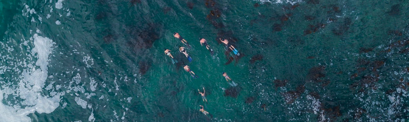 Aerial view of surfers waiting in the line-up on clear turquoise water beside breaking white water