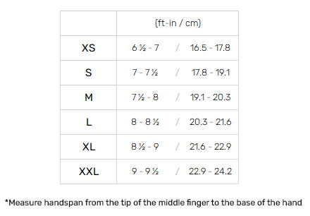 Mystic Gloves 22 Mens Size Chart