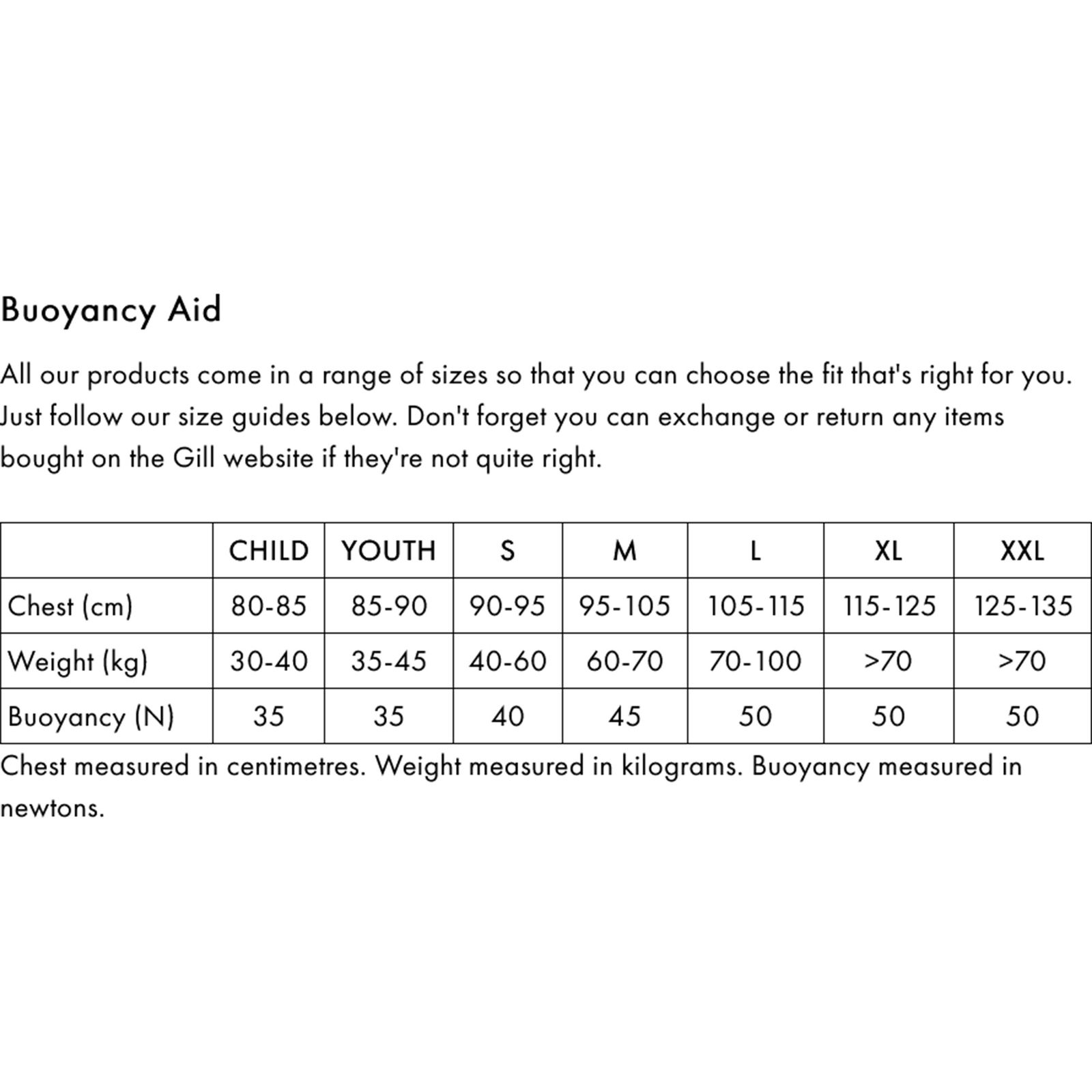 Gill Junior BA 0 Size Chart